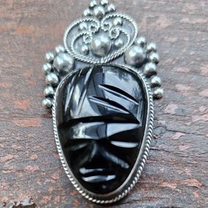 Silver Brooch With Carved Onyx Mask Vintage Mexico.